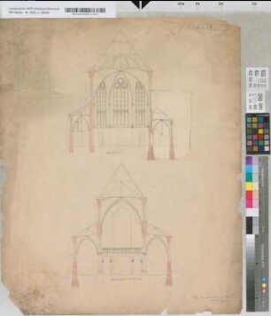 [Kath. Kirche in Gustorf] Bl. 5. Chorprofil; Querprofil der Kirche.