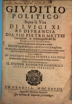 Giuditio politico sopra la vita di Luigi XI. re di Francia