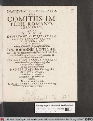 Inauguralis Dissertatio, De Comitiis Imperii Romano-Germanici