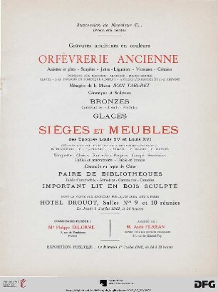 Succession de Monsieur C... (première vente) : gravures anciennes en couleurs, orfèvrerie ancienne, assiettes et plats, soupière, jattes, légumiers, verseuses, crémiers, poinçons de fermiers: Alaterre ..., ménagère de la maison Boin Taburet, ... sièges et meubles des Époques Louis XV et Louis XVI, certains portants les estampilles des maîtres ébénistes E. Blanchard ... ; Hôtel Drouot, le jeudi 2 juillet 1942