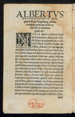 Albertus Archiepiscopus Moguntinensis, et Magdeburg. primas Germaniae, princeps elector, ac Marchio Brandenburgensis etc.