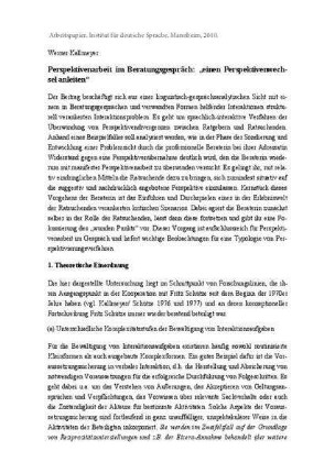 Perspektivenarbeit im Beratungsgespräch: „einen Perspektivenwechsel anleiten“
