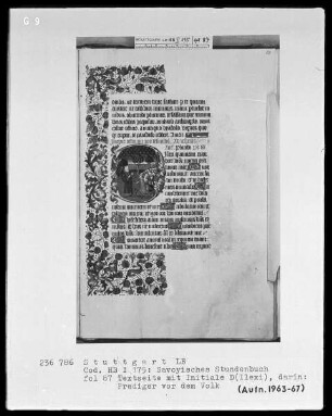 Liber horarum — Initiale D (ilexi quoniam) mit Job belehrt seine Hausgenossen, Folio 87recto