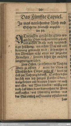 Das Fünffte Capitel. In was vorstehender Noth und Gefahr die Aderlässe anzustellen sey