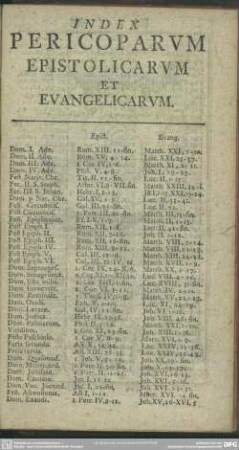 Index Pericoparum Epistolicarum Et Evangelicarum