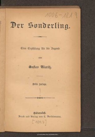 Der Sonderling : eine Erzählung für die Jugend