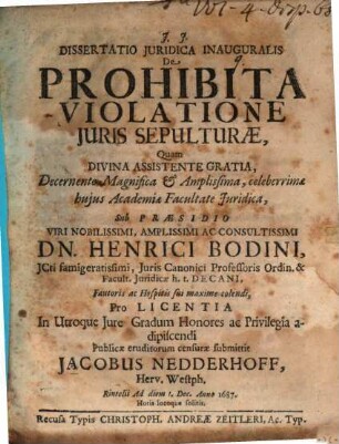 Dissertatio Juridica Inauguralis De Prohibita Violatione Juris Sepulturae