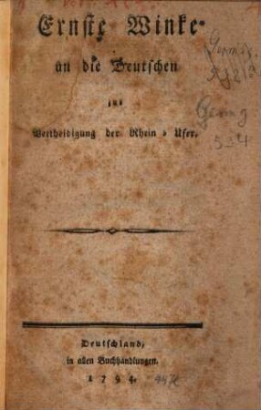 Ernste Winke an die Deutschen zur Vertheidigung der Rhein-Ufer