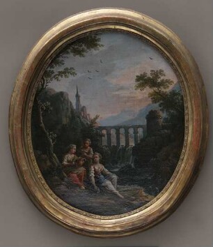 Gemälde: Drei rastende Mädchen in einer Landschaft mit Aquädukt