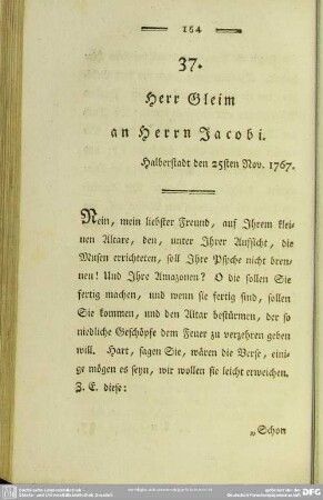 37. Herr Gleim an Herrn Jacobi. Halberstadt den 25sten Nov. 1767