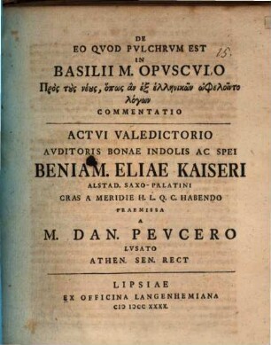De eo quod pulchrum est in Basilii M. opusculo Pros tus neus ... commentatio