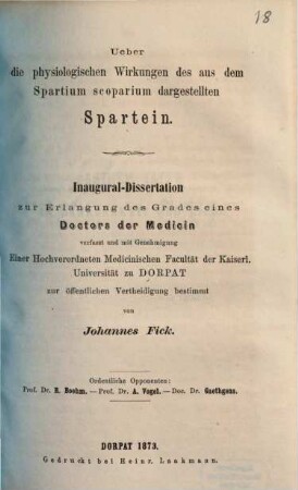 Ueber die physiologischen Wirkungen des aus dem Spartium scoparium dargestellten Spartein : Inaugural-Dissertation