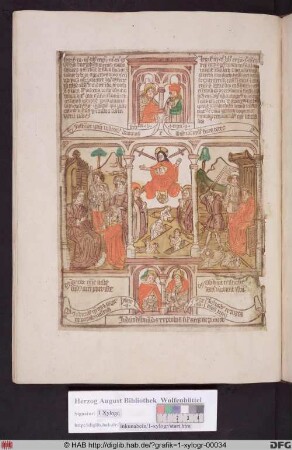 Drei biblische Szenen umgeben von vier Propheten. Links Salomons Urteil, mittig das jüngste Gericht, rechts David und Saul.