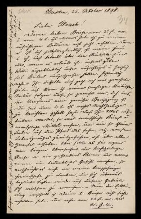 34: Brief von Konrad Schwaegermann an Gottlieb Planck, Dresden, 22.10.1898