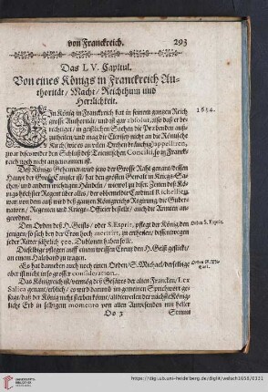 Das LV. Capitul: Von eines Königs in Franckreich Authorität / Macht / Reichthum und Herrlichkeit