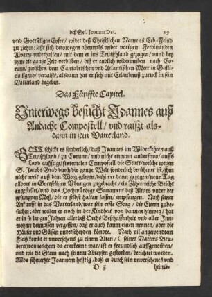 Das Fünffte Capitel. Unterwegs besucht Joannes auß Andacht Compostell/ und raißt alsdann in sein Vatterland.