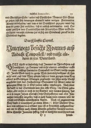 Das Fünffte Capitel. Unterwegs besucht Joannes auß Andacht Compostell/ und raißt alsdann in sein Vatterland.