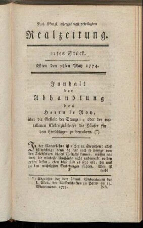 21tes Stück. Wien den 28ten May 1774.