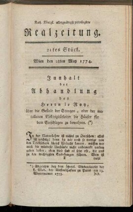 21tes Stück. Wien den 28ten May 1774.