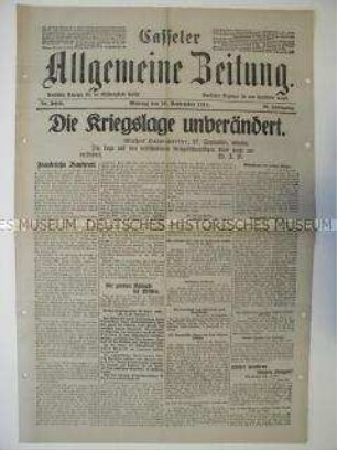 Regionale Tageszeitung "Casseler Allgemeine Zeitung" mit Meldungen und Berichten von verschiedenen Kriegsschauplätzen
