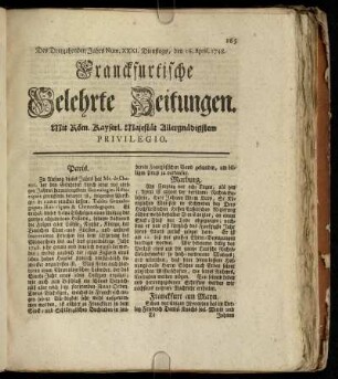 Num. XXXI. Dienstags, den 16. April. 1748 - Num. XL. Dienstags, den 21. Maji 1748