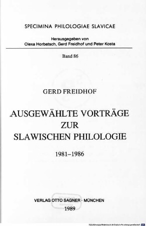 Ausgewählte Vorträge zur slawischen Philologie, [2]. 1981 - 1986