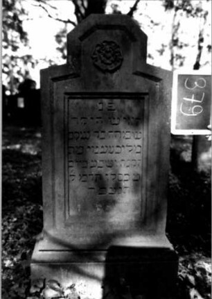 Grabstein 379 (Index: 100111863) Material: Sandstein Zustand: gut Maße HxBxT: 126x50x20 cm Beschreibung: Stele, profilierter Sockel, Abschluß: Sonderform, rechteckiges Schriftfeld eingetieft Symbolik: Blüte: Grabstein 379
