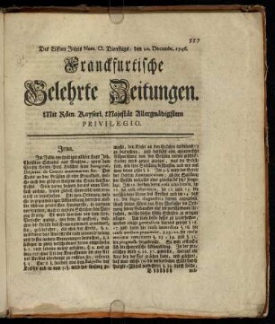 Num. CI. Dienstags, den 20. Decembr. 1746 - Num. CIV. Freytags, den 30. Decembr. 1746
