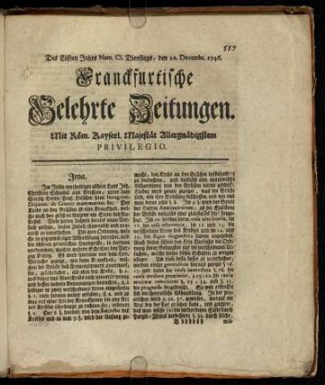 Num. CI. Dienstags, den 20. Decembr. 1746 - Num. CIV. Freytags, den 30. Decembr. 1746