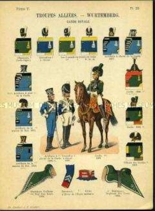 Uniformdarstellung, Artillerist, Grenadier zu Pferde und Guide der Alliierten Württembergischen Garde-Regimenter, Detailstudien von Kopfbedeckungen, Schabracken und Abzeichen der Alliierten Württembergischen Garde-Regimenter, Erstes Kaiserreich Frankreich, 1806/1813.
