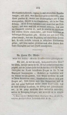 480-503 An Herrn Dr. Mohr : Ueber den Vortrag: "Welche Taufen sind gültig?"