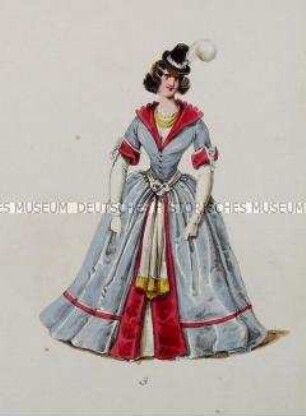 Frau im bodenlangen blauen Wespentaillen-Kleid mit roten Aufschlägen - Tafel aus Franceschini/Neue Kostümsammlung (Kassette 3)