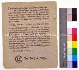 Bekanntmachung des Rates zu Leipzig betreffend Quartiersbillets und Forderungen aus Einquartierung von Truppen