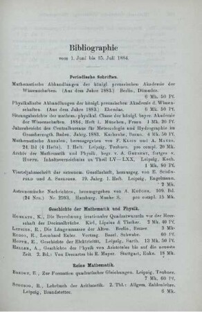 Bibliographie vom 1. Juni bis 15. Juli. 1884.
