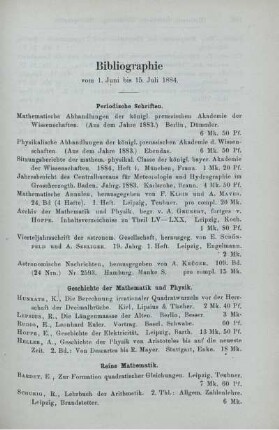 Bibliographie vom 1. Juni bis 15. Juli. 1884.
