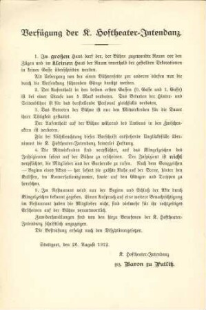 Dienstvorschriften und Hausordnungen des kurfürstlichen/Königlichen Hoftheaters (gedr.)