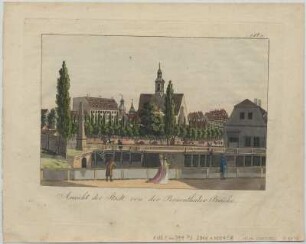 Ansicht von Leipzig von Westen, Umrissradierung, 1800 : Ansicht der Stadt von der Rosenthaler Brücke. - [S.l.] , [um 1800]. - 1 Kunstbl. : kol. Umrissradierung ; 19 x 13 cm Oben rechts: No. 11
