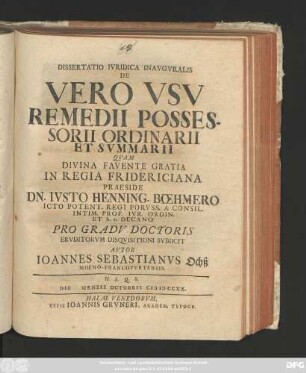 Dissertatio Ivridica Inavgvralis De Vero Vsv Remedii Possessorii Ordinarii Et Svmmarii