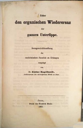 Ueber den organischen Wiederersaz der ganzen Unterlippe : Inaug. Diss.
