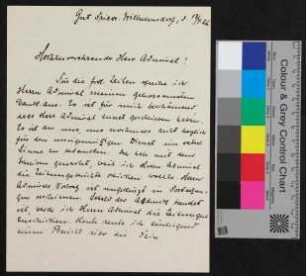 Brief addressiert an Admiral von Karpf und Zeitungsausschnitt "1. Beilage Nr. 85 Wesermünder Neueste Nachrichten, 13. April"