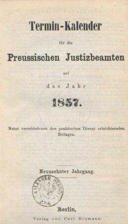 19.1857: Terminkalender für die preußischen Justizbeamten