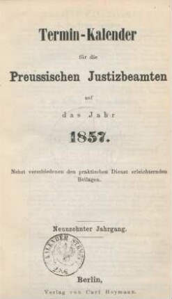 19.1857: Terminkalender für die preußischen Justizbeamten