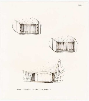Stadthalle und Stadttheater, Siegen: Perspektivische Innenansichten (Lichtpause von Inv.Nr. 36926)