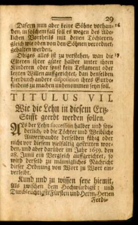 Titulus VII. Wie die Lehn in diesem Ertz-Stifft geerbt werden sollen.