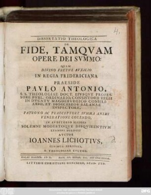 Dissertatio Theologica De Fide, Tamqvam Opere Dei Svmmo