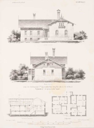 Grenzzolletablissement, Wohngebäude f. preuß. Beamte an der Hirschberg-Reichenberger Kunststraße in Schlesien: Grundriss, Vorderansicht, Seitenansicht, Schnitt A B (aus: Architektonisches Skizzenbuch, H. 36, 1858)