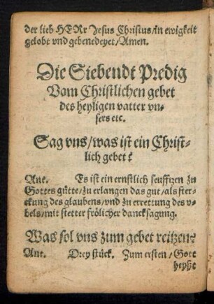 Die Siebendt Predig Vom Christlichen gebet des heyligen vatter unsers etc.