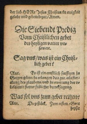 Die Siebendt Predig Vom Christlichen gebet des heyligen vatter unsers etc.