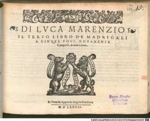 DI LVCA MARENZIO IL TERZO LIBRO DE MADRIGALI A CINQVE VOCI