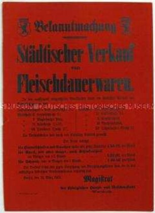 Bekanntmachung des Magistrats von Berlin über den Verkauf von Fleischdauerwaren